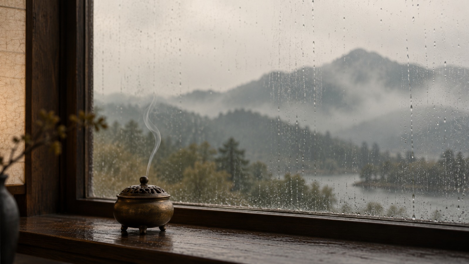 窗台上的一只铜香炉升起细烟，窗外是雨中的远山与雾岚